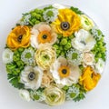 round bouquet made of yellow peonies , white anemones, chamomille flowers, and green japanese hidrangea, Wedding floral design