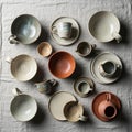 Round bowls and cups, some with handles, showcasing a handcrafted Royalty Free Stock Photo