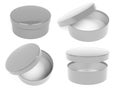Round boxes. Closed and open gray carton. 3d rendering illustration isolated