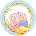 Round branch wreath with realistic colored Easter eggs and Easter cake in a wreath of willow branches and young leaves Royalty Free Stock Photo