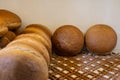Round bread sold on the counter at the baker\'s shop Royalty Free Stock Photo