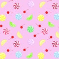 Round bright lollipops, lime and lemon slices. cherry. Yummy colorful sweet lollipop seamless pattern Royalty Free Stock Photo