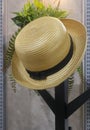 Round-brimmed hat.  Wicker weaving hats. Handicrafts Royalty Free Stock Photo