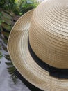 Round-brimmed hat.  Wicker weaving hats. Handicrafts Royalty Free Stock Photo