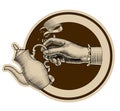 Round brown retro label with ribbon and woman`s hand holding a c