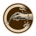 Round brown retro label with ribbon and woman`s hand holding a s