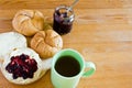 Round buns, butter, jar with currant jam and cup of tea.