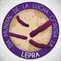 Button with Bacillus Promoting the World Leprosy Day in Spanish, Vector Illustration