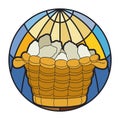 Button with basket and loaves of bread like stained glass, Vector illustration