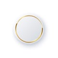 Round button with gold circle frame and shiny light effect, 3d simple badge with shadow