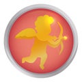 Round button with golden cherub Cupid inside it, Vector illustration