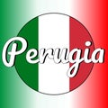 Round button Icon of national flag of Italy with red, white and green colors and inscription of city name: Perugia in