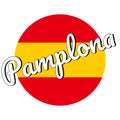 Round button Icon of national flag of Spain with red and yellow colors and inscription of city name: Pamplona in modern