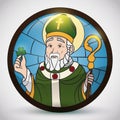 Round Button like Stained Glass with Saint Patrick`s Image, Vector Illustration