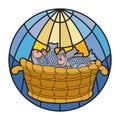 Button like stained glass with basket and fishes inside it, Vector illustration