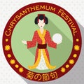 Round Button with Traditional Woman Chrysanthemum Doll in Flat Style, Vector Illustration