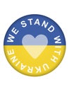 Button with Ukrainian flag and slogan We stand with Ukraine