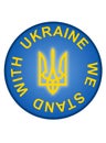 Round button with Ukrainian trident and message We stand with Ukraine
