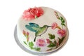 Round cake with fondant and painted humming-bird Royalty Free Stock Photo