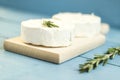 Round camembert cheese mold with rosemary on wooden board Royalty Free Stock Photo