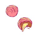 Round candy with pink frosting chocolate and caramel stuffing that was bitten off piece. Vector outline sketch retro