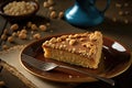 round caramel peanut butter sheet cake with shelled peanuts on plate