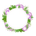 Round card design. Vegetables and herbs frame template. Purple sliced onion, dill, parsley, peppercorns and laurel leaves border i