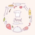 Round card with doodle food icons. Hand drawn Royalty Free Stock Photo
