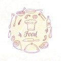 Round card with outline food icons. Doodle