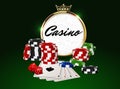 Round casino golden frame with crown, stack of poker chips, ace cards and red dice on green background. Online club emblem Royalty Free Stock Photo