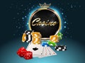 Round casino golden frame with crown, stack of poker chips, ace cards and red dice on light effect sparks background. Online club