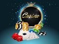 Round casino golden frame with crown, stack of poker chips, ace cards and red dice