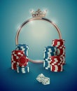 Round casino roulette golden frame with crown, stack of poker chips and white dice on deep turquoise background