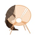 Round chair, rattan comfort armchair for sitting with plaid, modern wicker furniture Royalty Free Stock Photo