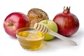 Round challah, apples and a bowl of honey Royalty Free Stock Photo