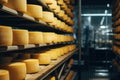 Round cheese wheels in the cellar