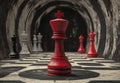 On a round chessboard, a red king is positioned against an assortment of white figures Royalty Free Stock Photo