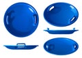 Round children`s blue plastic sledges ice-boat for skiing from an ice slide, vector illustration isolated