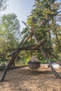 Round children`s house suspended from huge Indian spears on the playground of the Ljubljana Zoo Royalty Free Stock Photo