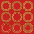 Round chinese frames set isolated on red background. Geometric circular oriental ornaments