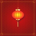 Round Chinese lantern on a red textured background ,gold frame.Vector illustration