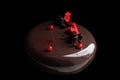 Round chocolate cake with berries and red sponge on black background Royalty Free Stock Photo