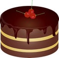 Round chocolate cake with red cherries on a white background. Design element, isolated object