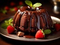 Round chocolate layer cake with berries and mint leaves