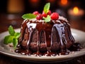 Round chocolate layer cake with berries and mint leaves