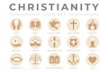 Round Christianity Icon Set with Faith, Bible, Crucifixion , Baptism, Church, Resurrection, Holy Spirit, Saints, Commandments,