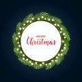 Round Christmas design with light bulb garland and green fir tree wreath on dark backround. Vector illustration Royalty Free Stock Photo