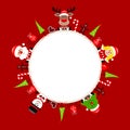 Round Christmas Frame Santa Reindeer Angel Tree And Snowman Icons Red