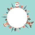 Round Christmas Frame Santa Reindeer And Wife Icons Turquoise