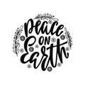 Round Christmas Ornament with hand drawn lettering text. Peace on Earth. Holiday decoration.